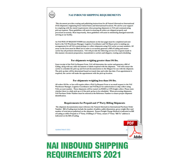 NAI Inbound Shipping Requirements 2021